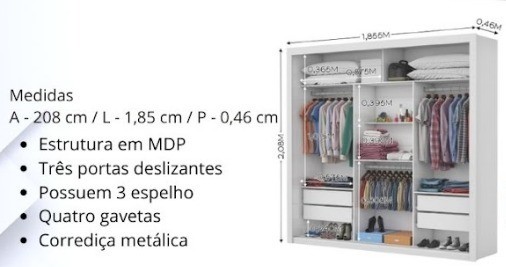 Quarto Roupeiro  Com Espelho  Larg.:1,85 cm  4 gavetas internas  - Foto 3