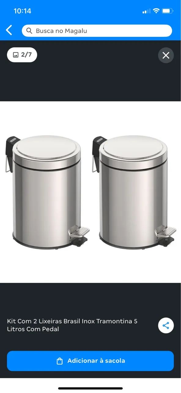 Kit com 2 lixeiras Brasil inox Tramontina 5 litros com pedal 