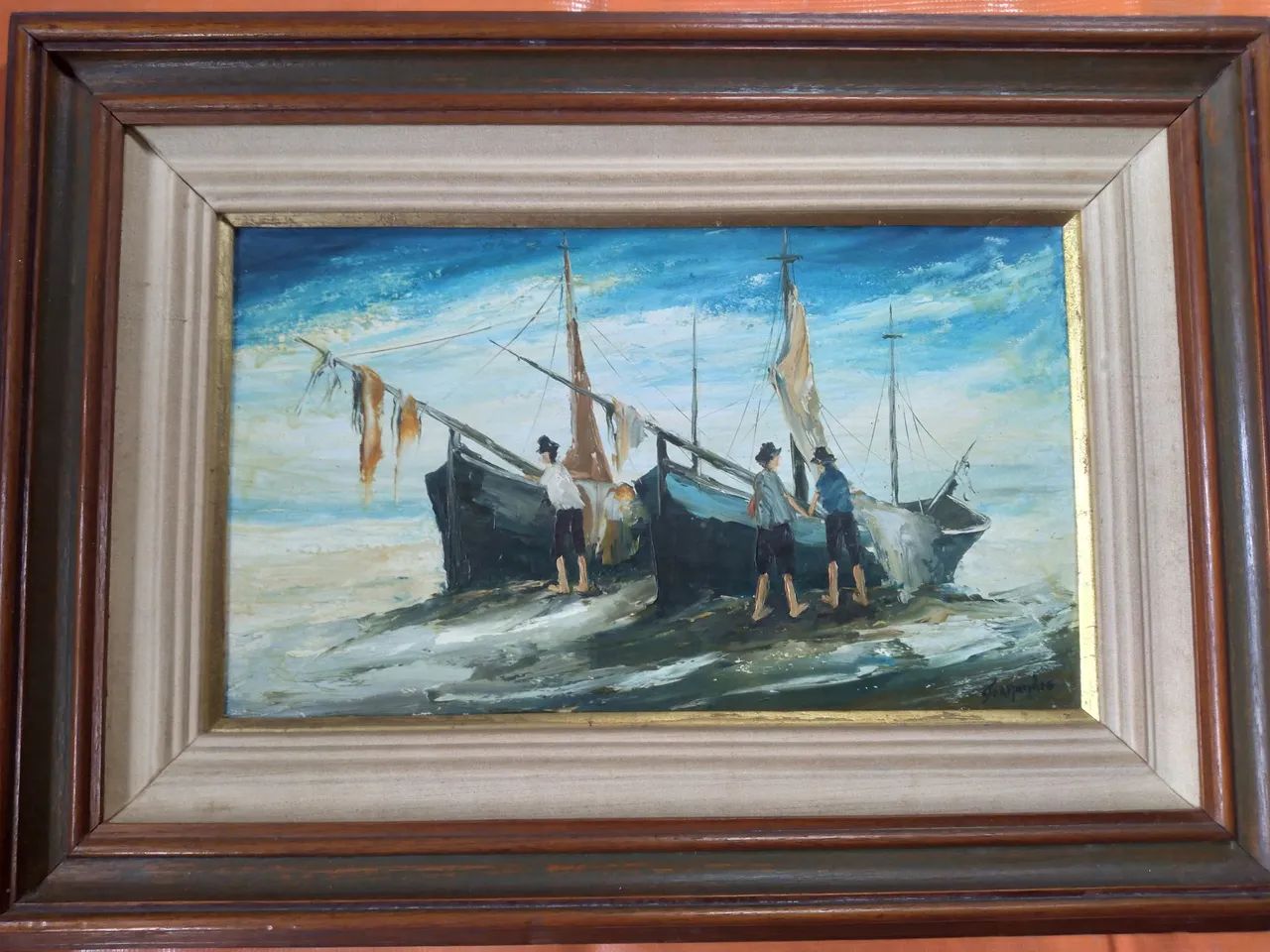 Quadro Óleo sobre tel 1981 barcos e pescadores  - Foto 2