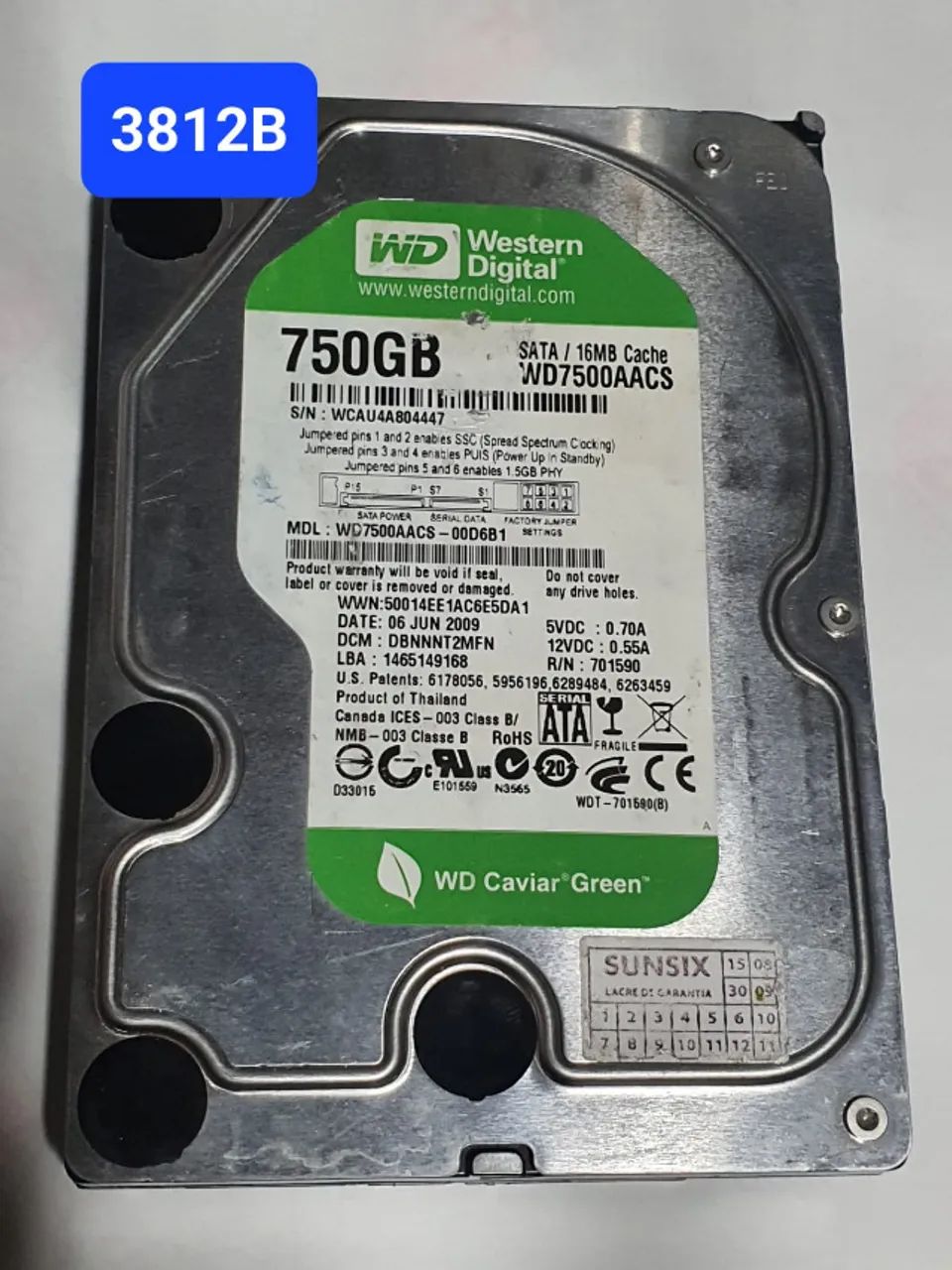 Placa HD 750 Gb Wd7500aacs-00d6b1 - Cod. 3812b