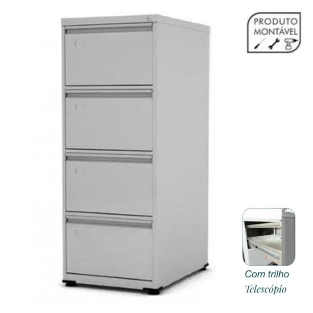 Arquivo de Aço 4 Gavetas Chapa 24 Trilho Telescópico 67cm Cinza 13003 Resistente