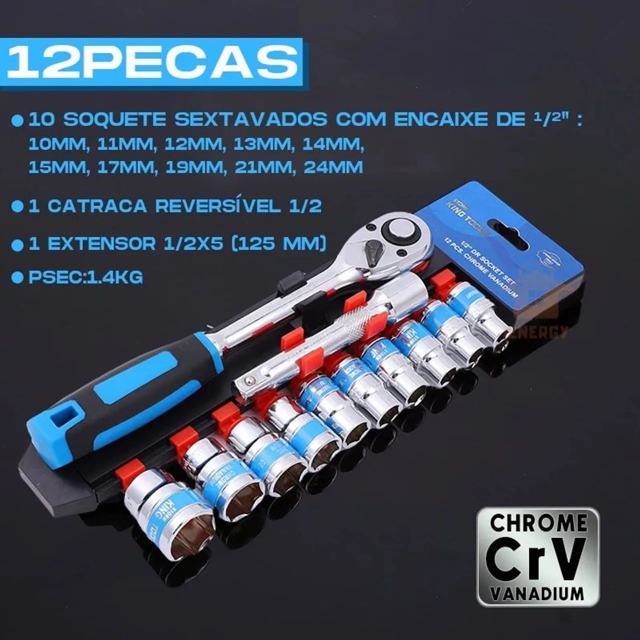 Jogo de Soquetes Sextavados 1/2 - 12 Peças catraca maleta ferramentas- Chrome Vanadium