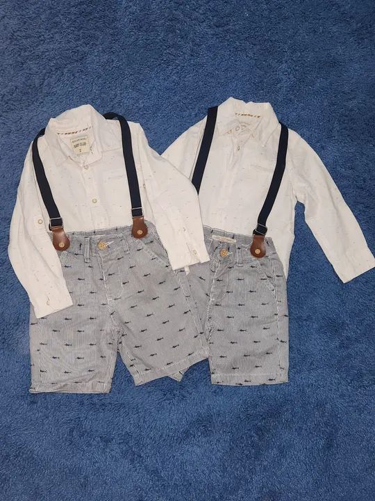 Conjunto social menino camisa, bermuda com suspensório 