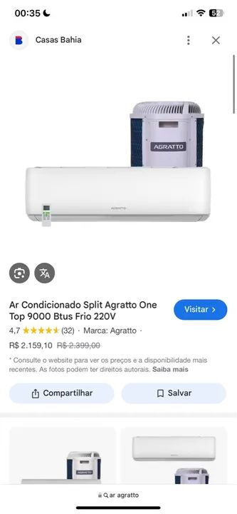 Ar Condicionado Split Agratto One Top 9000 Btus Frio 220V