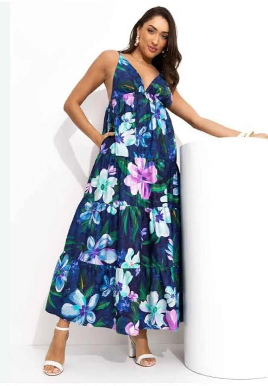Vestido longo floral com decote em V - Foto 3