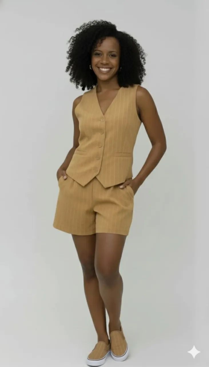 conjunto linho alfaiataria colete forrado e short
