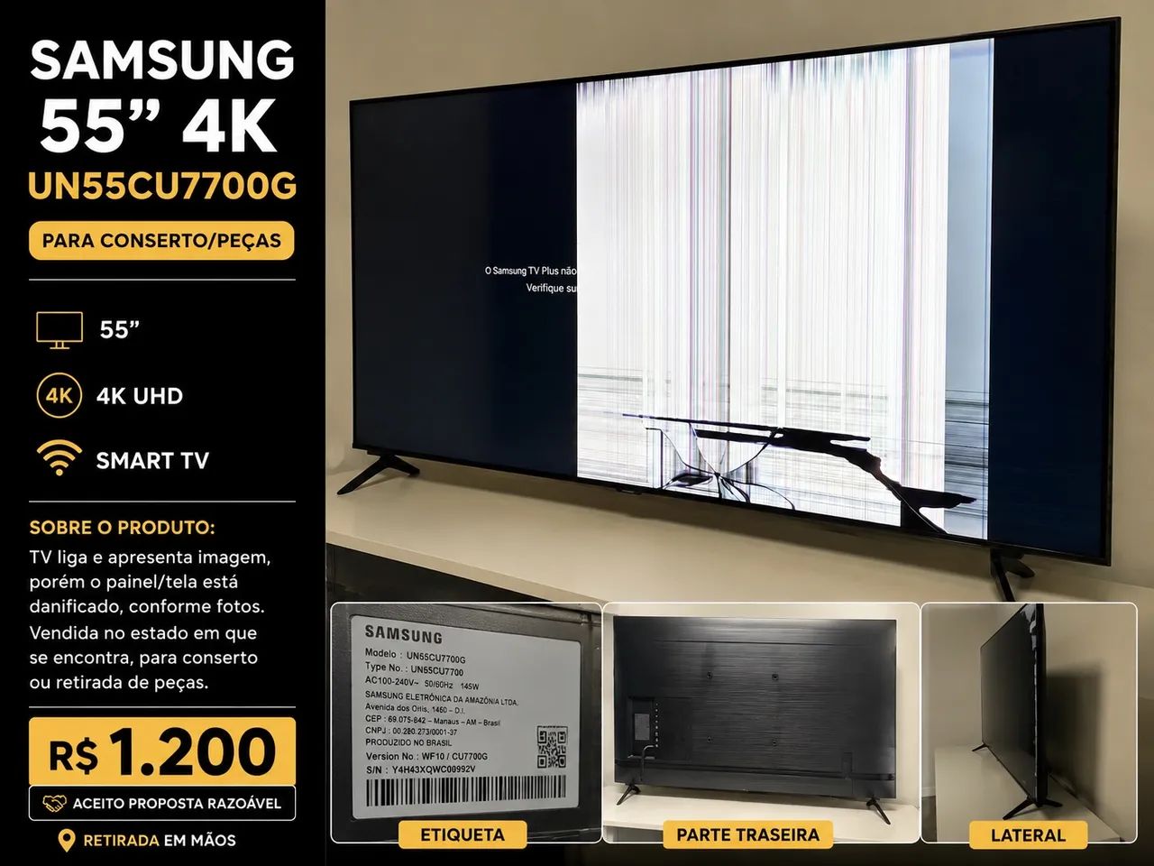  Samsung 55? 4K UN55CU7700G - Tela Danificada | Para Conserto/Peças