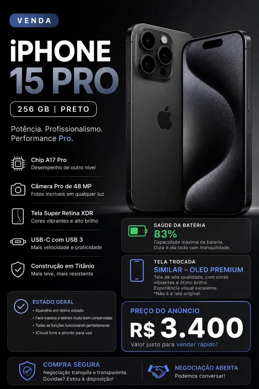iPhone 15 Pro 256GB Preto - Celulares e Smartphones - Brotas