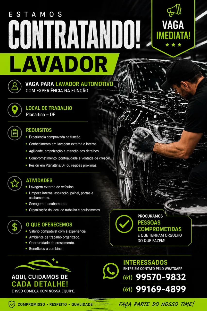ESTAMOS CONTRATANDO LAVADOR AUTOMOTIVO.