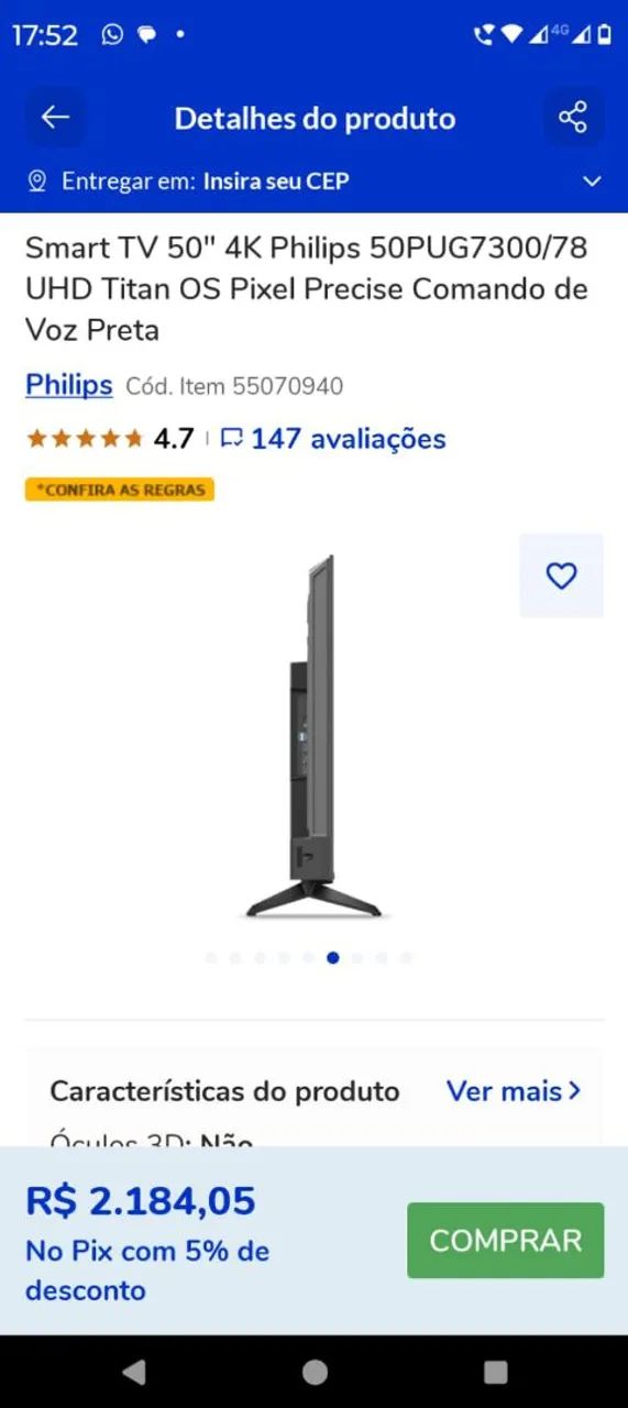 Tv plillips 50 polegadas modelo 50pug7300/78 nova na Caixa 