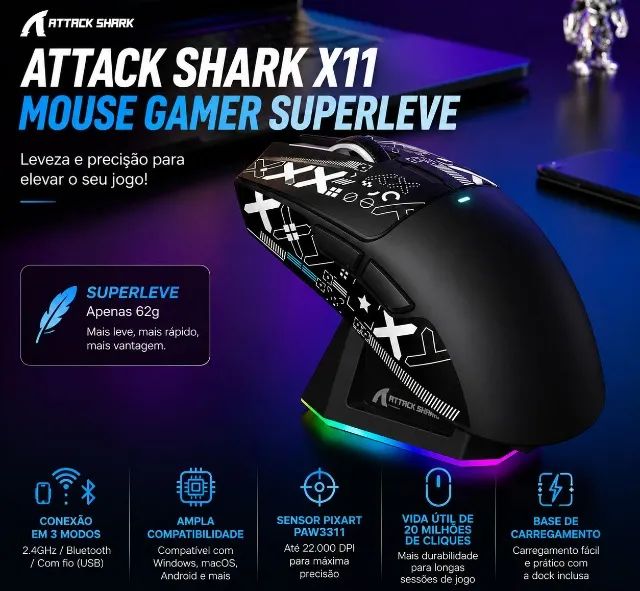 Mouse Attack Shark X11 com base de carregamento RGB - Foto 3