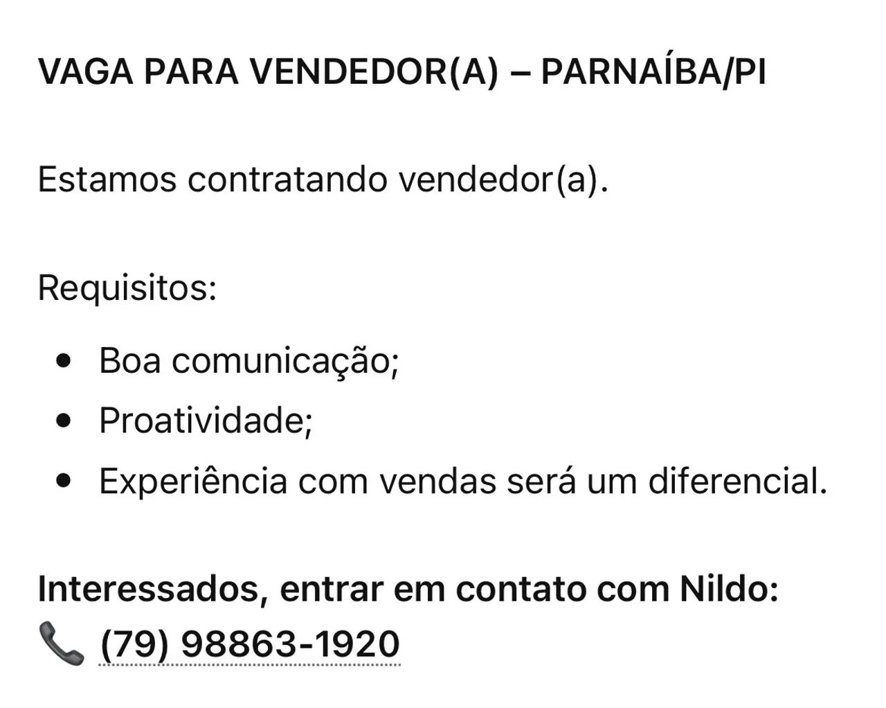 Vaga para vendedor 