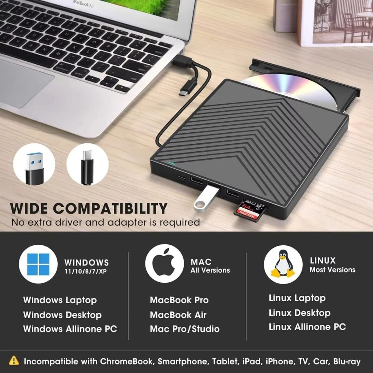 Gravador e leitor de CD, DVD, pendrive, Cartão de Memória 7 em 1 externo - Foto 3