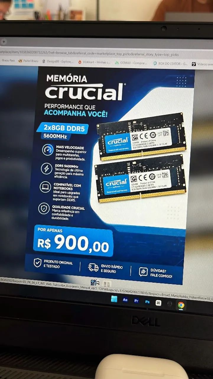MMemória DDR5 2x 8gb Crucial 5600mhz, notebook - Memória RAM