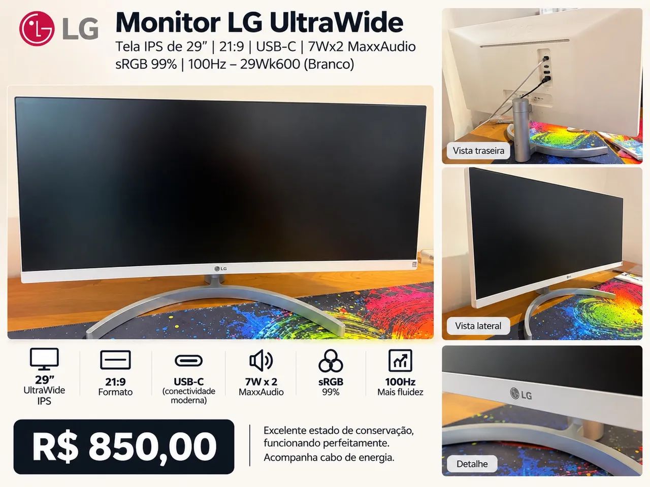 Monitor LG UltraWide 29? IPS 21:9 USB-C 100Hz Branco - Foto 4