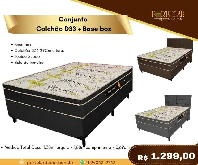 Conjunto Colchão D33+ Base Box, a pronta entrega 