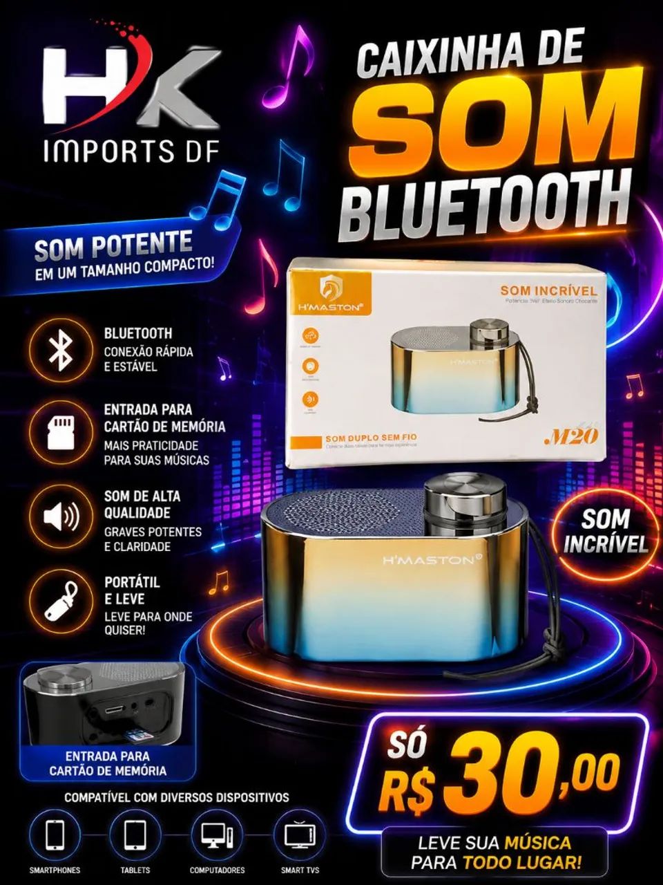 CAIXINHA DE SOM BLUETOOTH E CARTÃO DE MEMÓRIA 