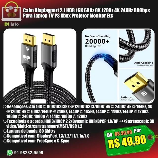 Cabo Displayport 2.1 HDR 16K 60Hz 8K 120Hz 4K, 240Hz 80Gbps Para Laptop TV PS Xbox Monitor
