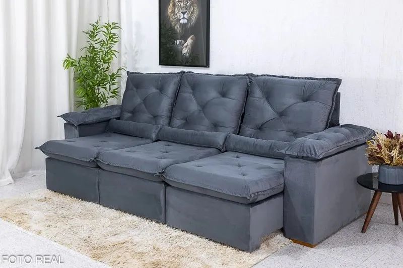 Sofá Retrátil Reclinável 2.70m Vênus  Veludo Cinza fruta