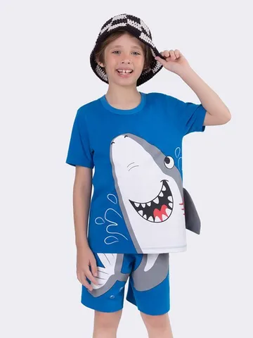 Pijama Manga Curta Tubarão<br>Azul - Tamanho 6 Anos