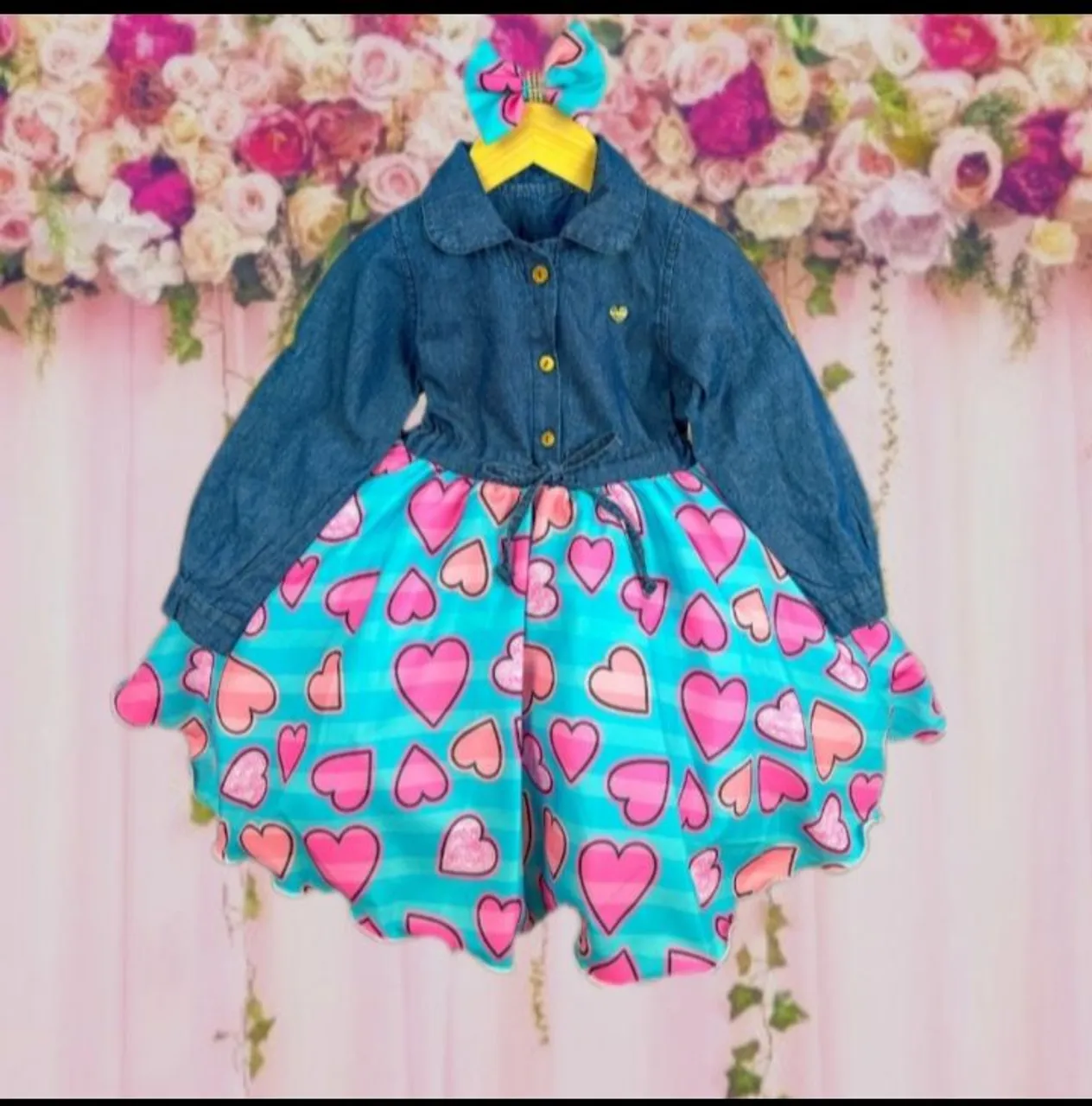 Vestido Infantil Jeans com Saia de Coração