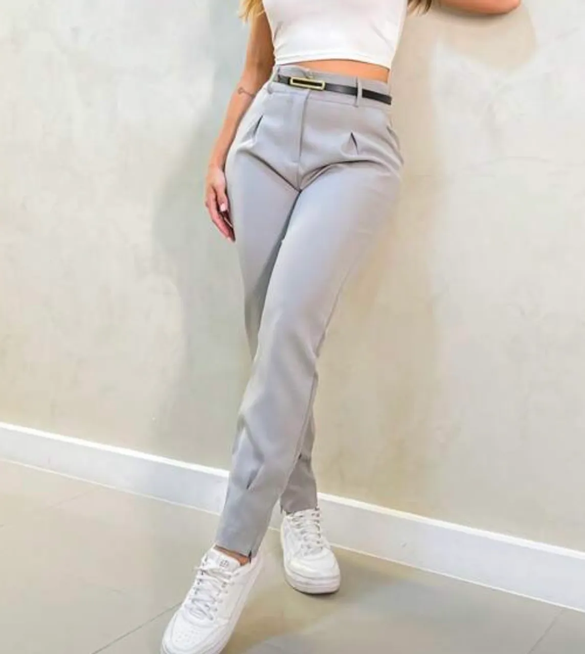 Calça Social Cinza Feminina com Cinto