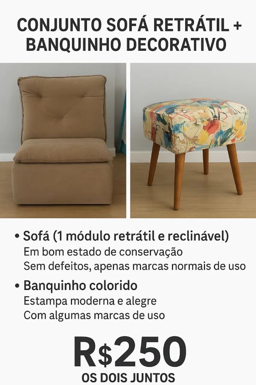 Conjunto Sofá Retrátil + Banquinho Decorativo