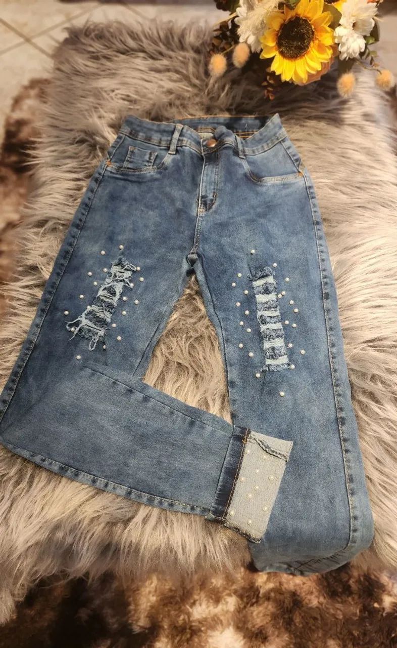 Pérolas Roupas Customizadas Femininas Calça Jeans Feminina