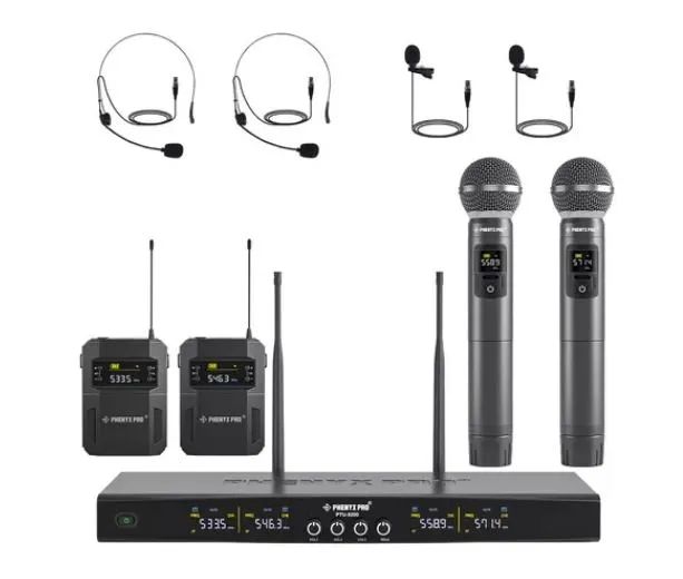 Sistema de Microfone Sem Fio Profissional - 2 Microfones de Mão + 2 Lapelas