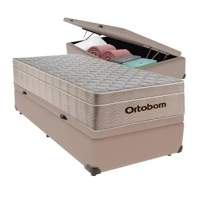 Base Box Baú Solteiro Bege com Colchão Solteiro Molas Ensacadas Ortobom - Entrega Rápida!