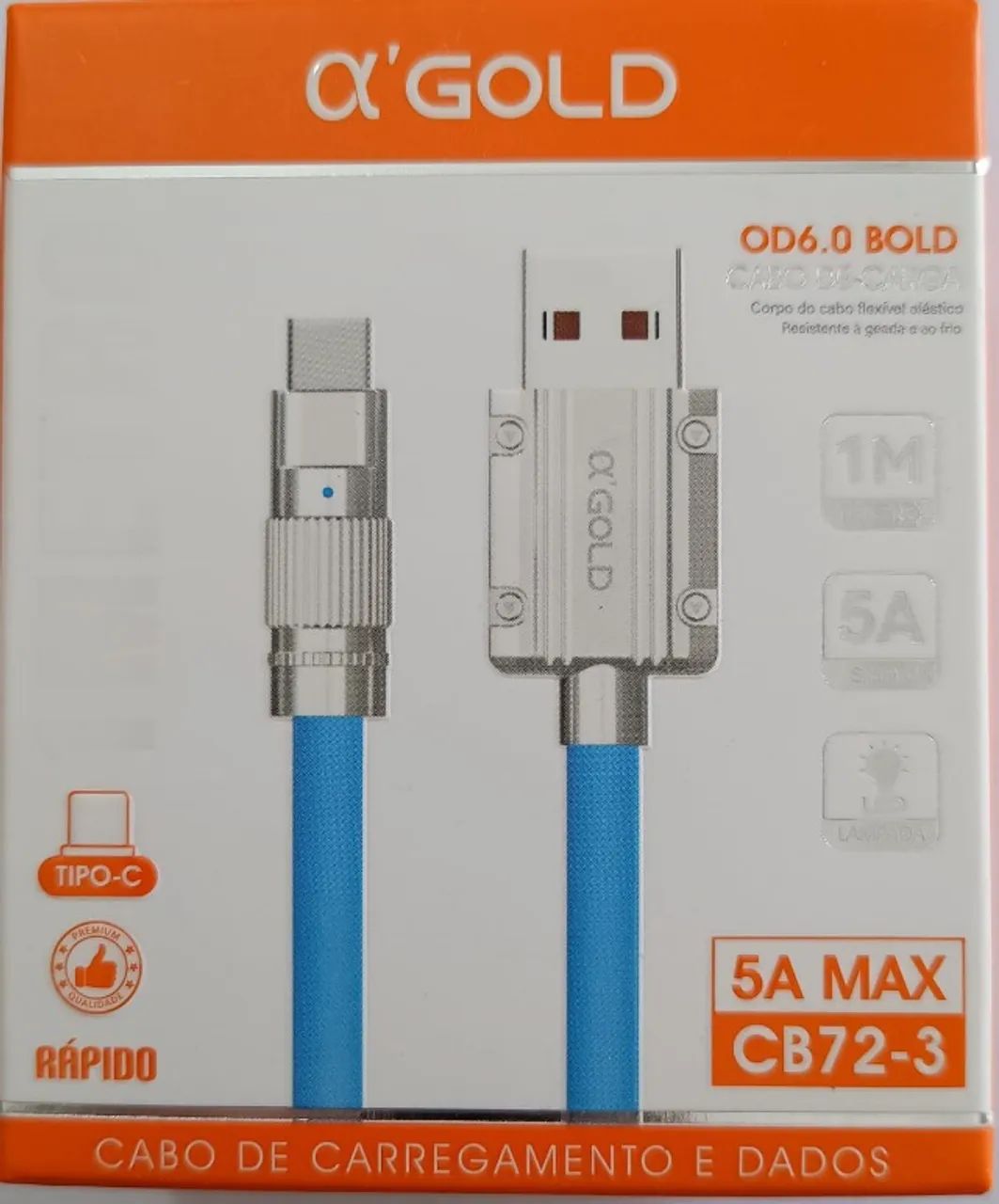 Cabo Tipo C - 5A Max A'Gold Premium Metal Force usb-c ..Leds