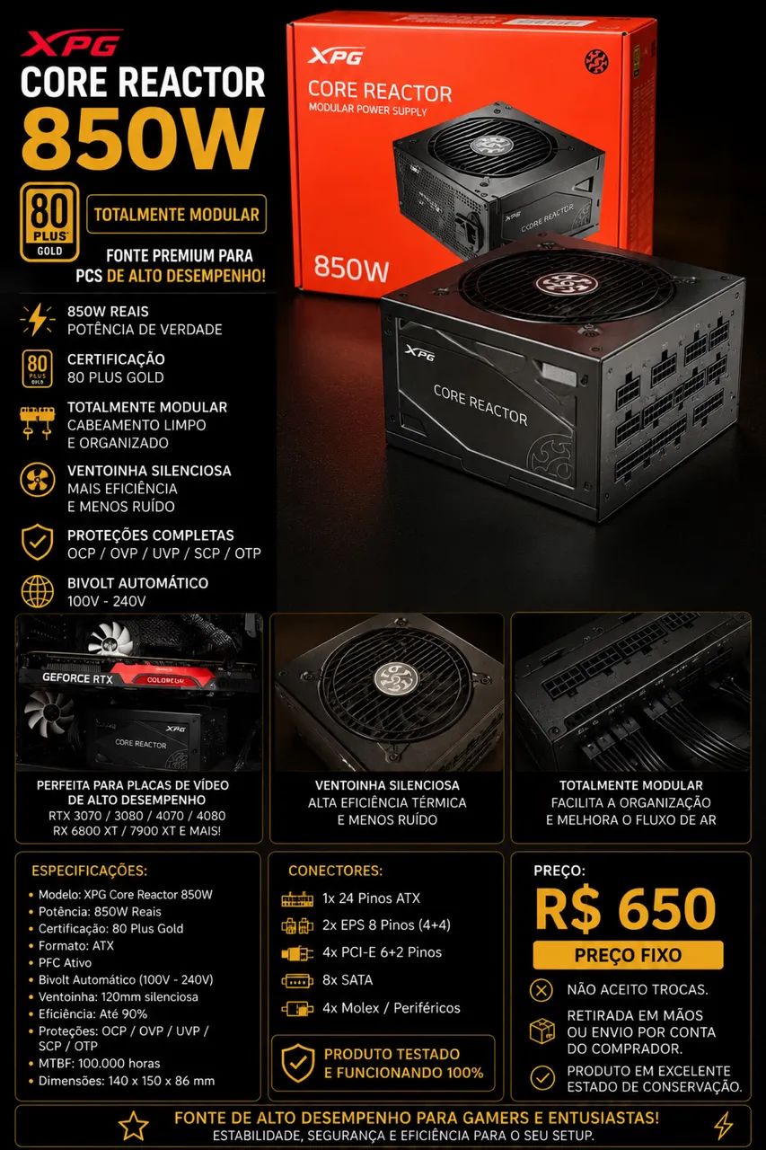 FONTE XPG CORE REACTOR 850W 80 PLUS GOLD MODULAR