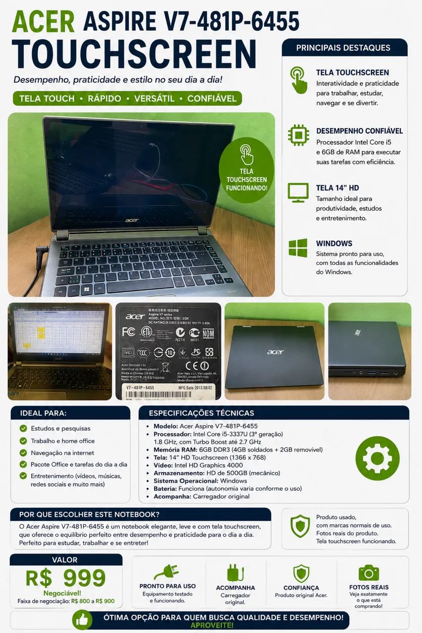 Acer Aspire V7  Touchscreen - Intel Core i5 - 6GB RAM