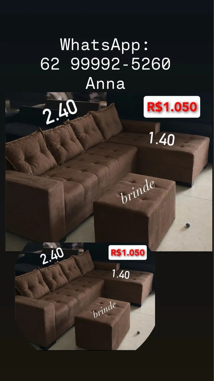 Sofá chaise marrom com puff
