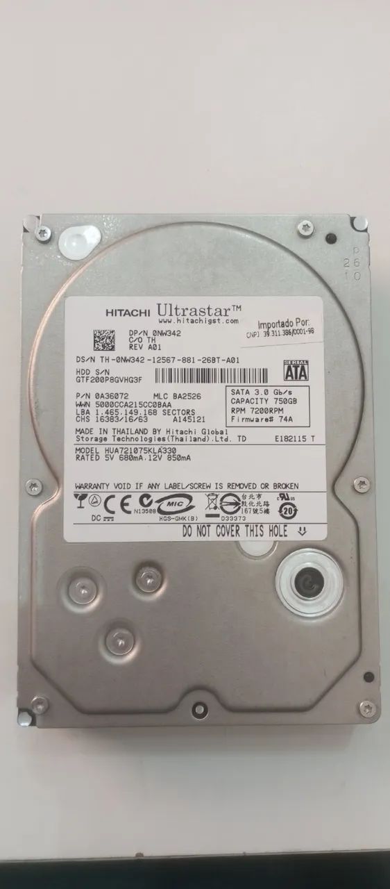 HD HITACHI 750GB -PARA COMPUTADOR E DVRS FUNCIONANDO 100%