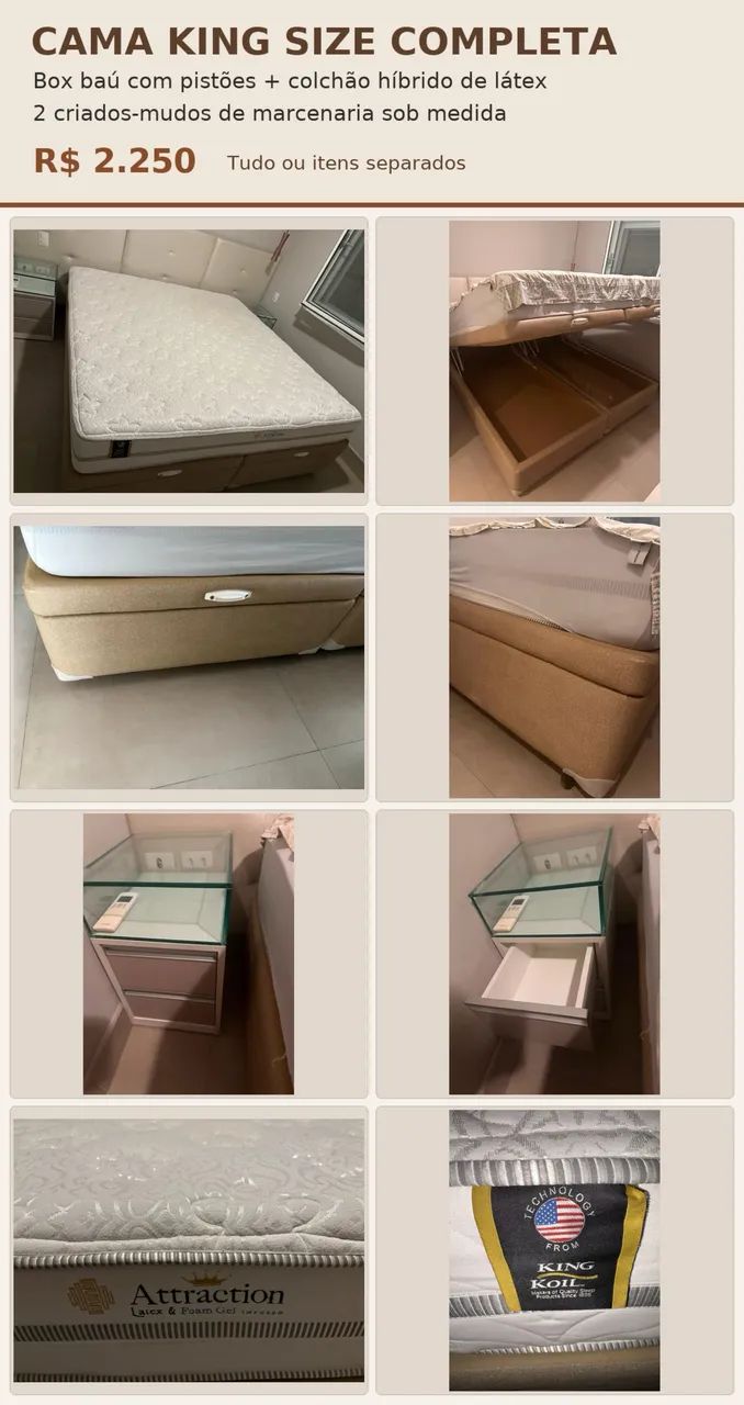 Cama baú King size com colchão e criados-mudos