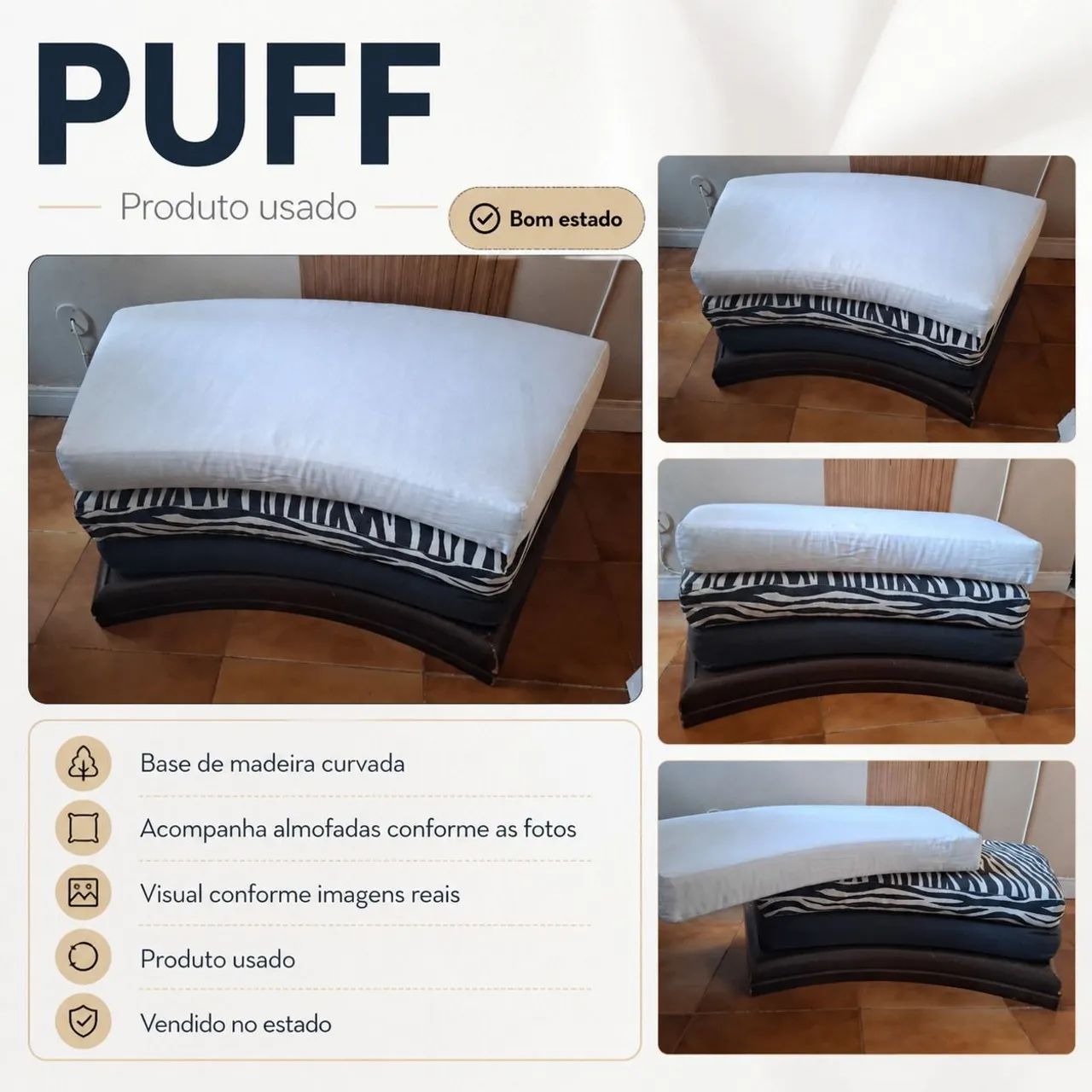 Puff com base em madeira maciça