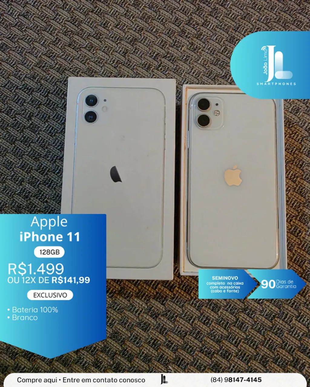 IPHONE 11, 128GB, BRANCO, SEMINOVO, BATERIA 100%, EXCLUSIVO