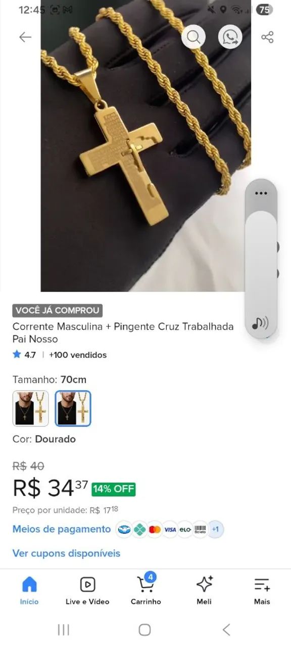 Corrente masculina com pingente de cruz 