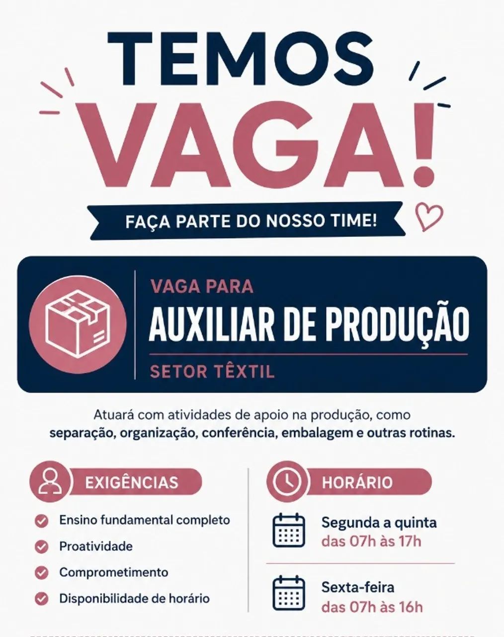 VAGA EMPREGO AUXILIAR DE PRODUÇÃO