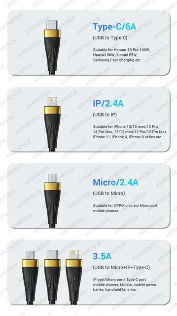Cabo 3 em 1 de carregamento Asometech Portátil Micro USB Tipo C - Foto 2