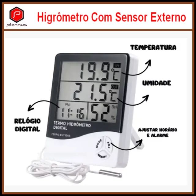 Termo-Higrômetro medição Umidade/temperatura Interna e Externa com Sensor Relógio z549  - Foto 6
