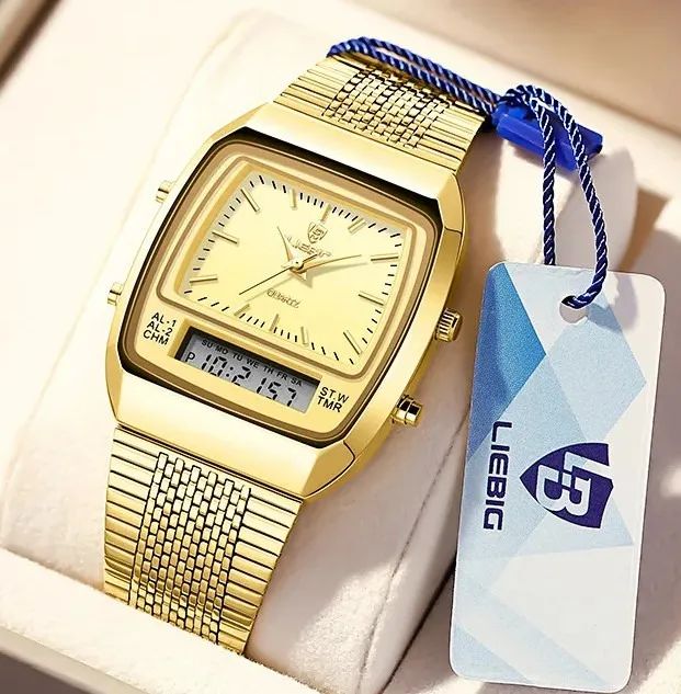Relógio Dual Display Dourado Clássico Nostalgia Aço Inoxidável - Foto 3