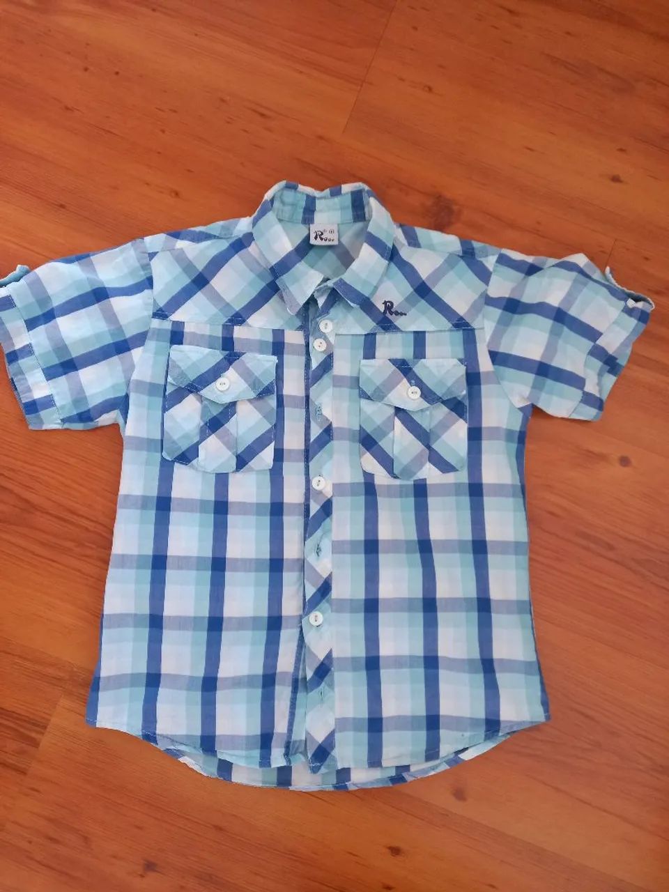 Camisa xadrez azul e branca infantil - Tamanho 8