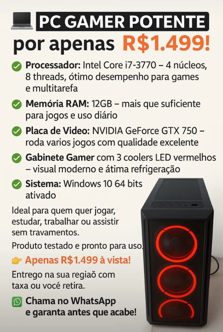 PC Gamer Potente por R$1.499 à vista!