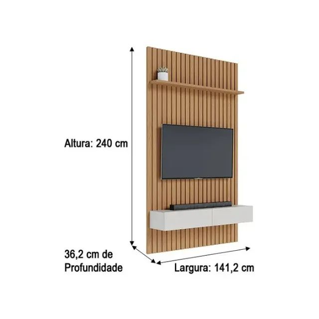 Painel Ripado 141m para Tv até 65 Polegadas com Nicho 02 Gavetas Suspensa Freijó Off White - Foto 2