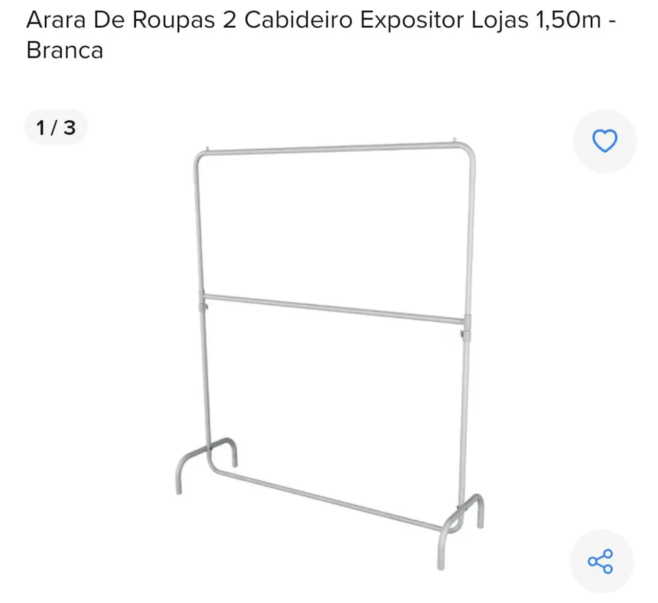 Arara de roupas 2 cabideiro expositor lojas 1,50m - Branca