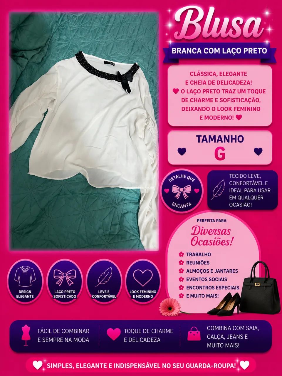 Blusa preta e branca com laço tamanho G