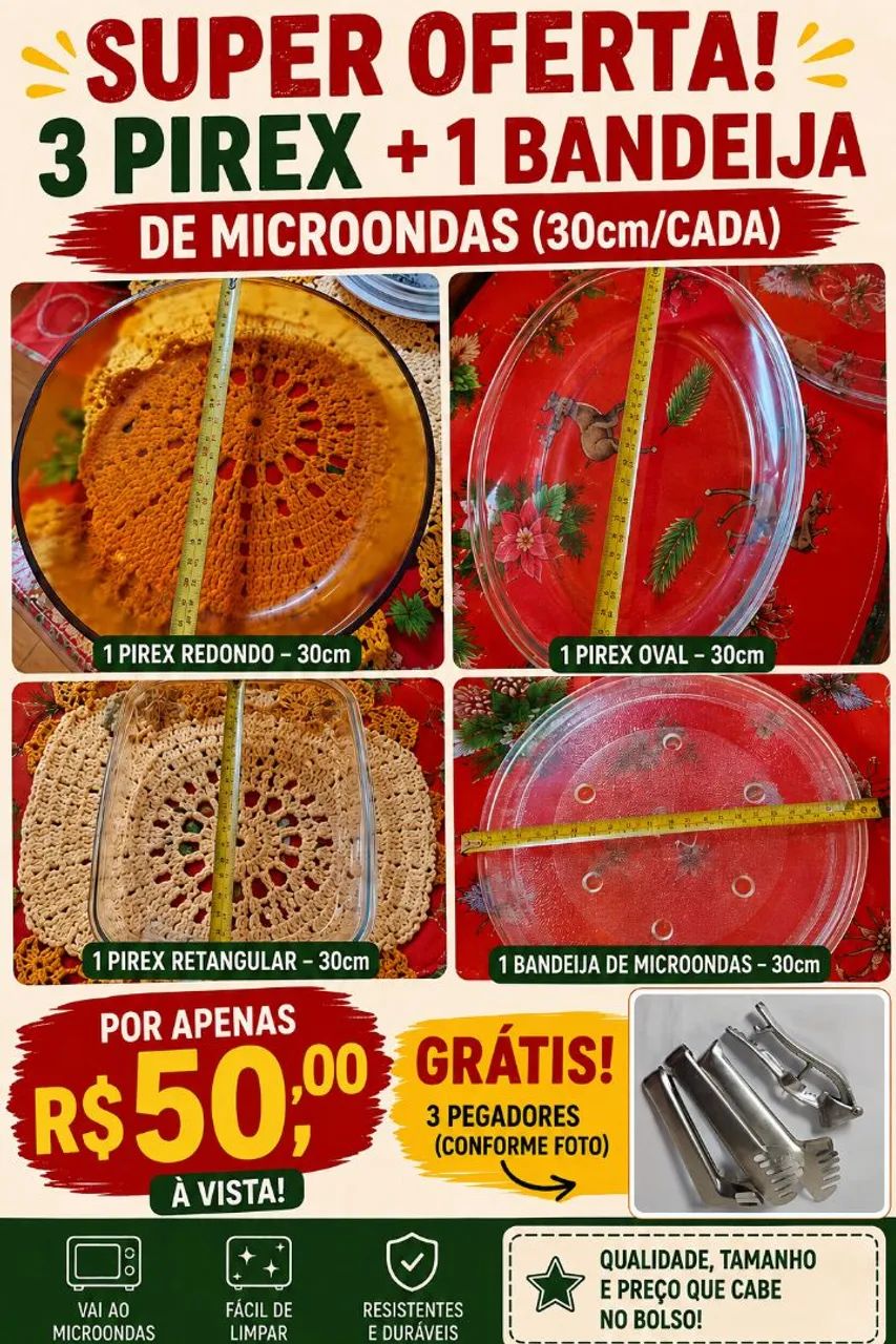 Pirex redondo, oval e retangular com pegadores inox
