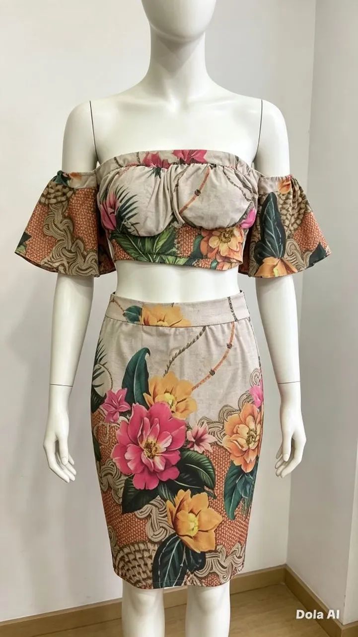 Conjunto de saia e croppet estampado 